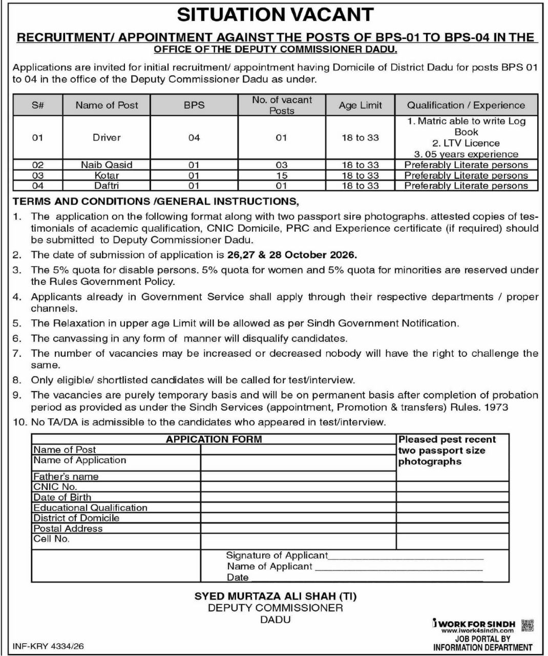Office of the Deputy Commissioner Dadu Jobs 2026 Jobs 2026 — original newspaper advertisement