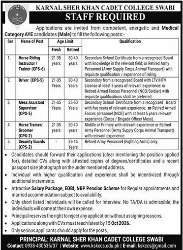 Karnal Sher Khan Cadet College Swabi Jobs 2026 Jobs 2026 — original newspaper advertisement