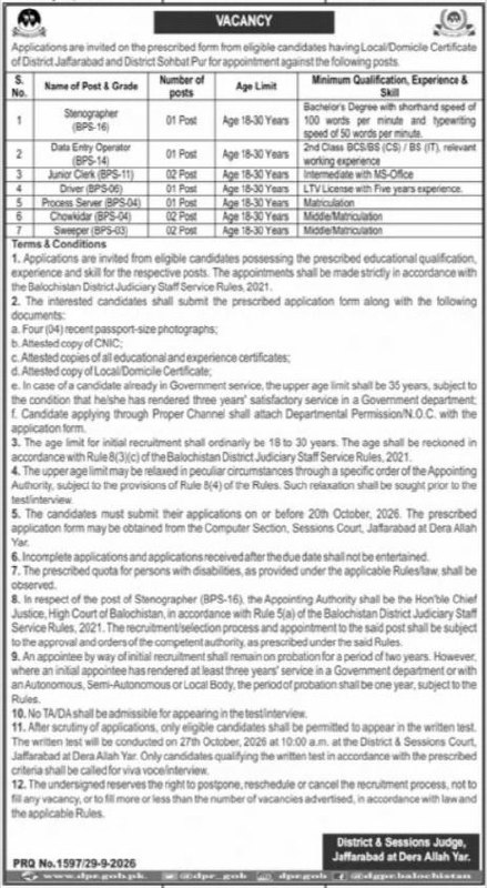 District & Sessions Judge, Jaffarabad at Dera Allah Yar Jobs 2026 Jobs 2026 — original newspaper advertisement