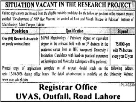 University of Veterinary and Animal Sciences (UVAS), Institute of Microbiology, Main Campus, Lahore Jobs 2026 Jobs 2026 — original newspaper advertisement
