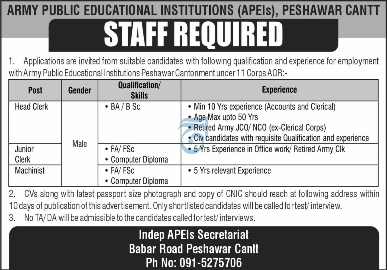 Army Public Educational Institutions (APEIs), Peshawar Cantonment under 11 Corps AOR Jobs 2026 Jobs 2026 — original newspaper advertisement