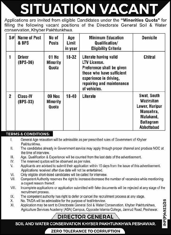 Directorate General Soil & Water Conservation, Khyber Pakhtunkhwa Jobs 2026 Jobs 2026 — original newspaper advertisement