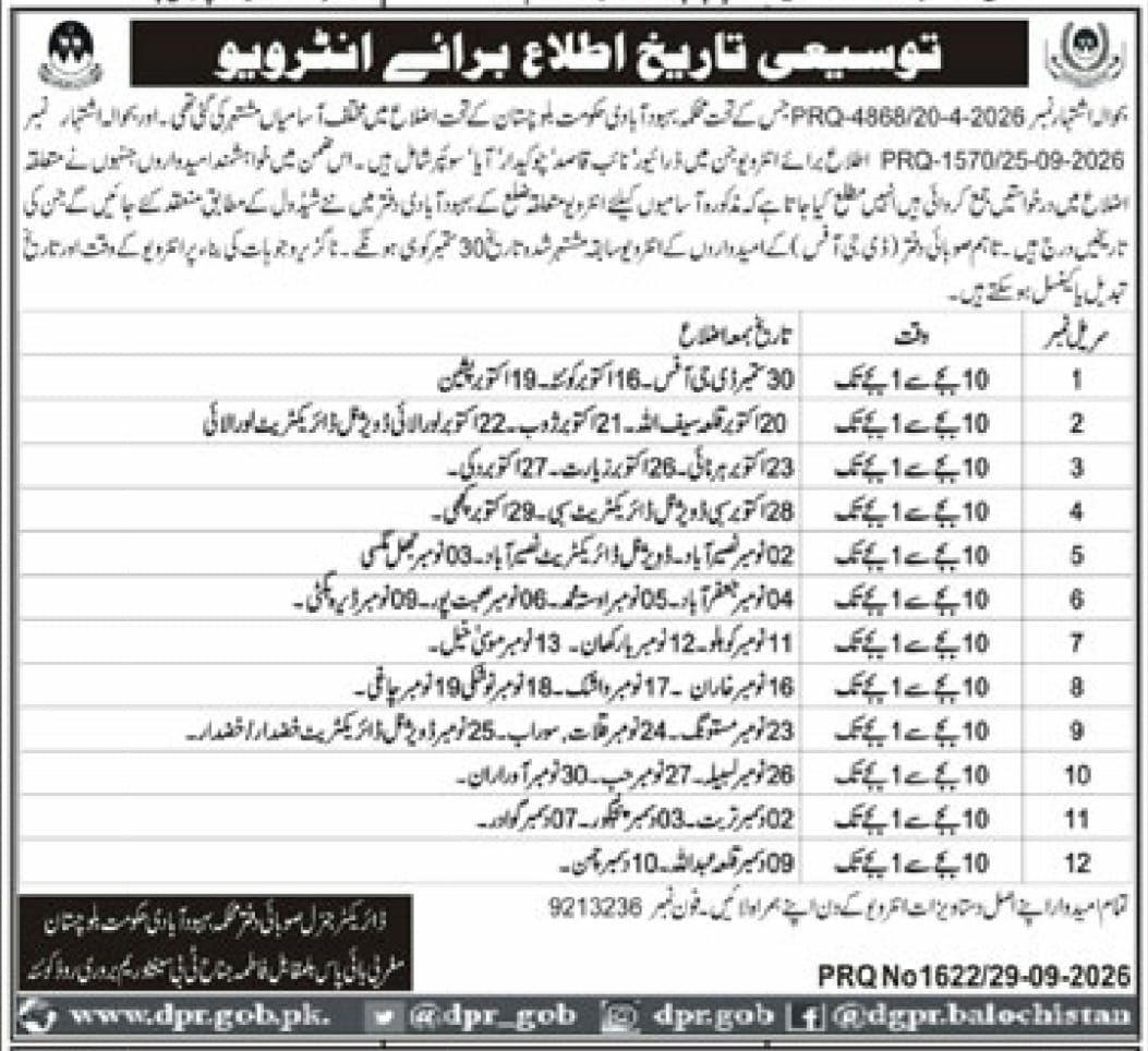 Extension of Interview Date Announcement – Directorate General of Local Government, Balochistan Government Jobs 2026 — original newspaper advertisement
