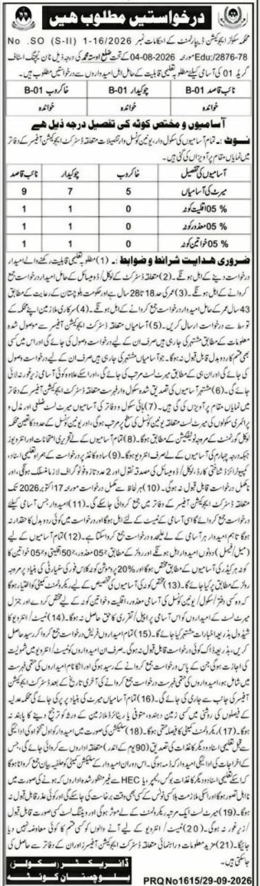 School Education Department Quetta Balochistan Jobs – Government Sector Education Department, Balochistan (District Education Officer's Office) Jobs 2026 — original newspaper advertisement