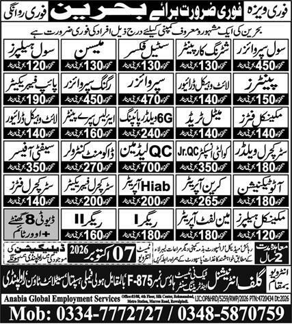Civil Helper Mason Jobs in Bahrain 2026 – Anabia Global Employment Services / Gulf Institute Technical Training Center Jobs 2026 — original newspaper advertisement