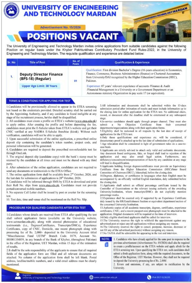 University of Engineering and Technology Mardan Jobs 2026 Jobs 2026 — original newspaper advertisement