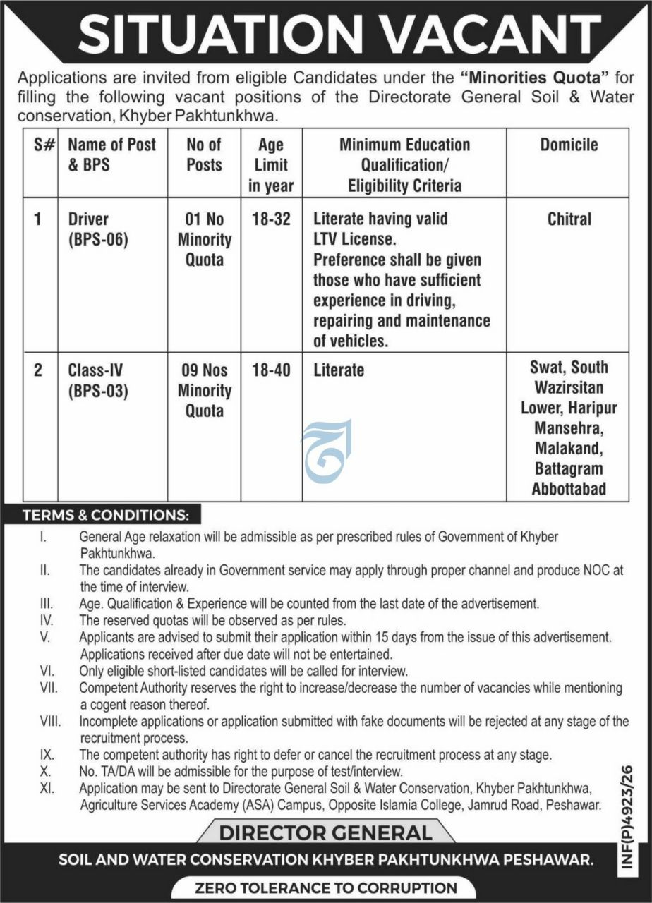 Directorate General Soil & Water Conservation, Khyber Pakhtunkhwa Jobs 2026 Jobs 2026 — original newspaper advertisement