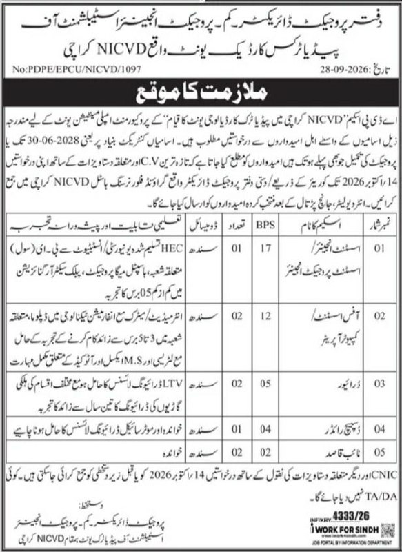 Office of the Project Director-cum-Project Engineer, Establishment of Pediatric Cardiology Unit (NICVD), Karachi Jobs Jobs 2026 — original newspaper advertisement
