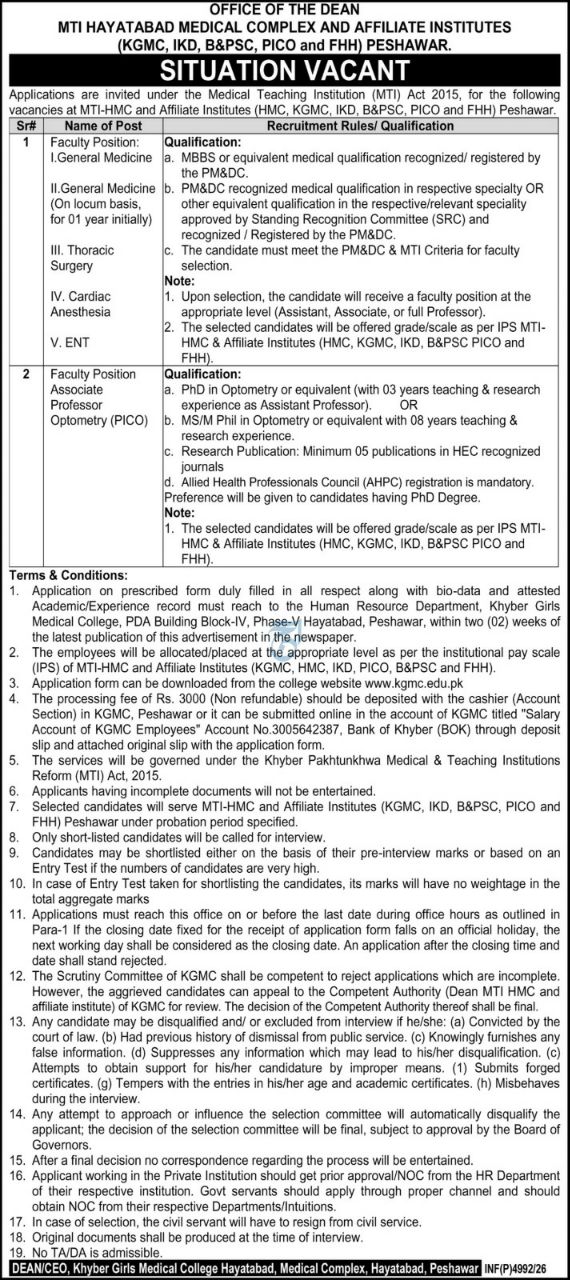 Office of the Dean, MTI Hayatabad Medical Complex and Affiliate Institutes (KGMC, IKD, B&PSC, PICO and FHH), Peshawar Jobs 2026 Jobs 2026 — original newspaper advertisement
