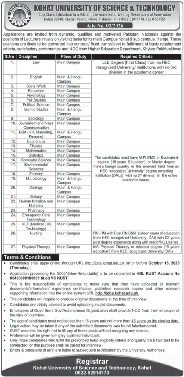 Kohat University of Science & Technology (KUST) Jobs 2026 Jobs 2026 — original newspaper advertisement