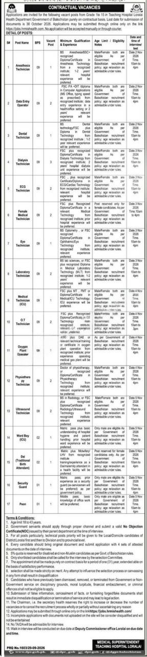 Teaching Hospital Loralai (Medical Superintendent Teaching Hospital Loralai) Jobs Jobs 2026 — original newspaper advertisement