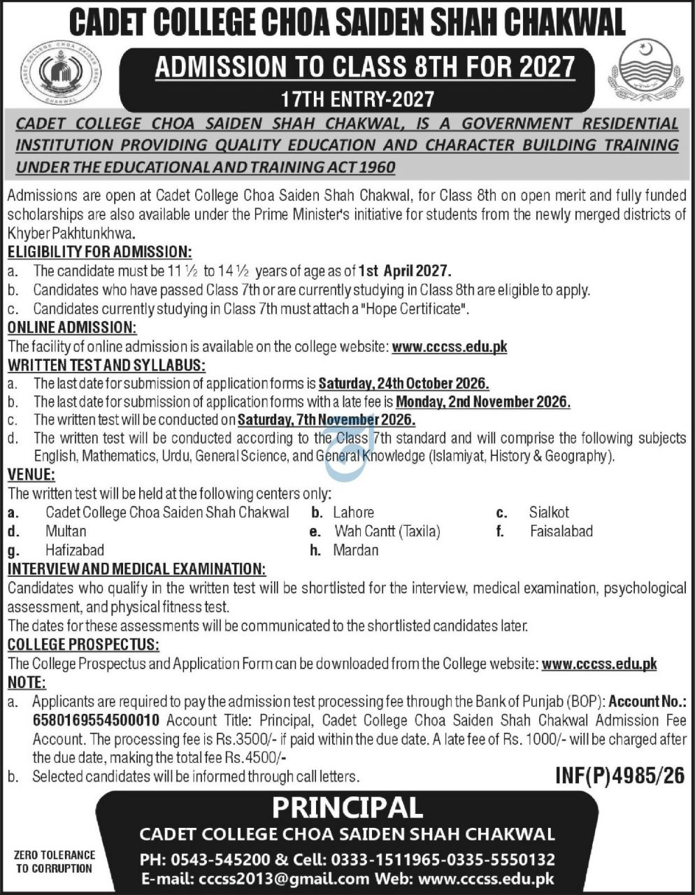 Admission Open in Cadet College Choa Saiden Shah Chakwal 2026 Admissions 2026 — original newspaper advertisement