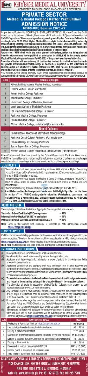 Admission Open in Khyber Medical University (KMU), Hayatabad, Peshawar Admissions 2026 — original newspaper advertisement