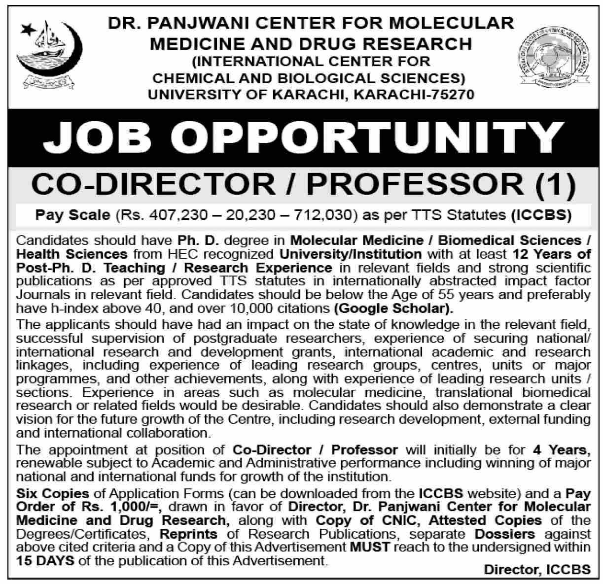 University of Karachi Uok Jobs 2026 – Dr. Panjwani Center for Molecular Medicine and Drug Research, International Center for Chemical and Biological Sciences (ICCBS), University of Karachi Jobs 2026 — original newspaper advertisement