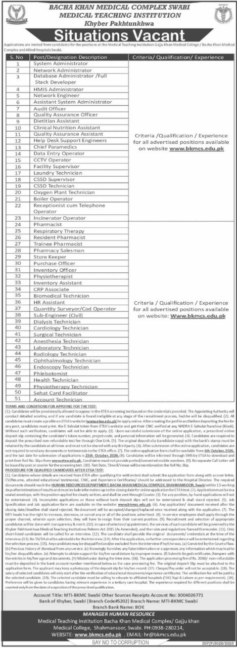 Bacha Khan Medical Complex Swabi, Medical Teaching Institution, Khyber Pakhtunkhwa Jobs 2026 Jobs 2026 — original newspaper advertisement