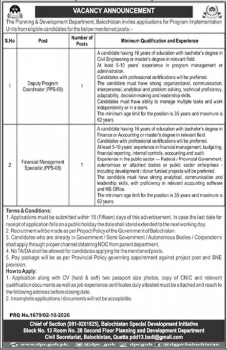 Planning & Development Department Jobs 2026 – Planning & Development Department, Balochistan Jobs 2026 — original newspaper advertisement