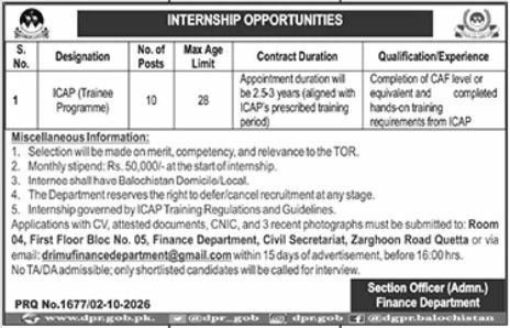 Internship Opportunities Finance Department, Government of Balochistan Jobs 2026 — original newspaper advertisement