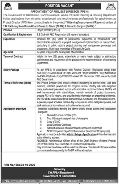 Communications, Works, Physical Planning & Housing Department Jobs 2026 – Government of Balochistan, Communications, Works, Physical Planning & Housing Department Jobs 2026 — original newspaper advertisement