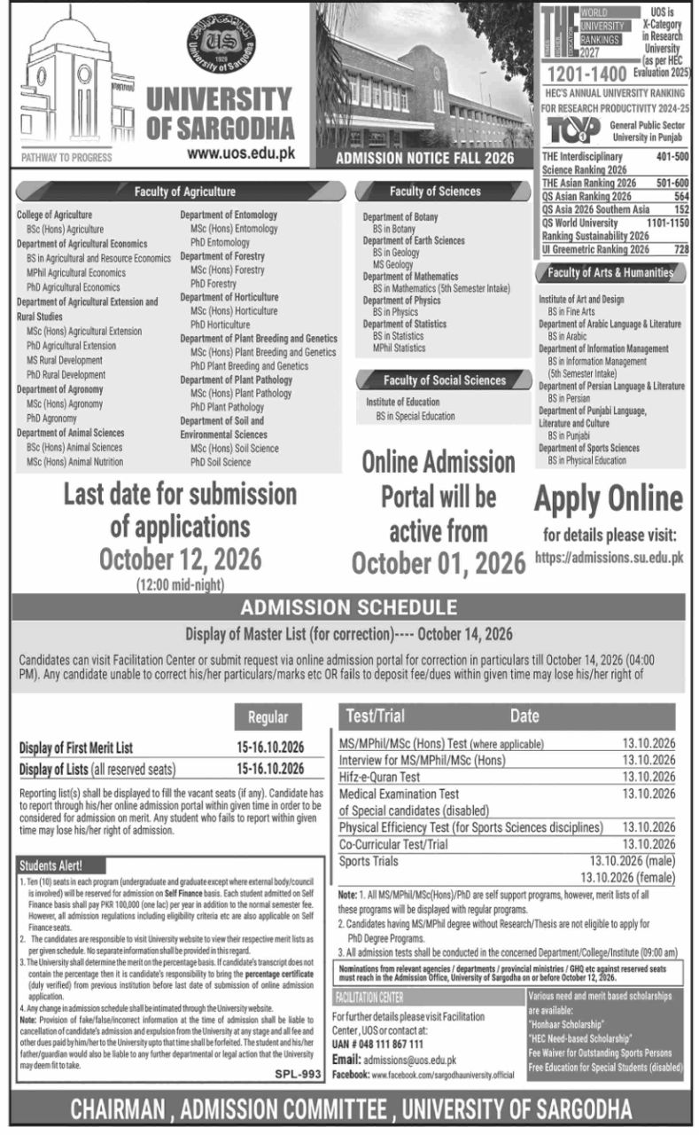 Admission Notice University of Sargodha Fall 2026 Admissions 2026 — original newspaper advertisement