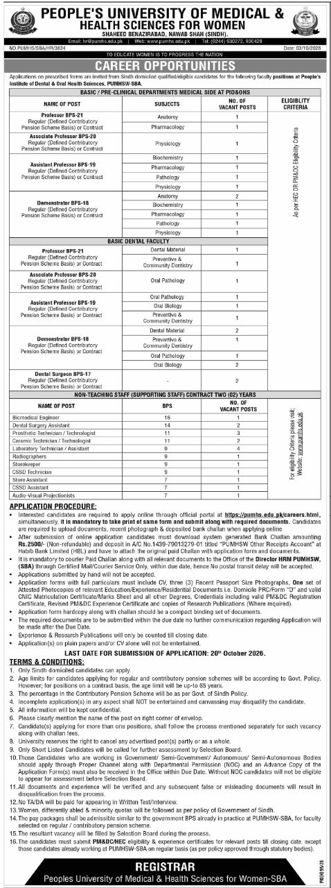 People's University of Medical & Health Sciences for Women (PUMHSW-SBA), People's Institute of Dental & Oral Health Sciences (PID&OHS) Jobs Jobs 2026 — original newspaper advertisement