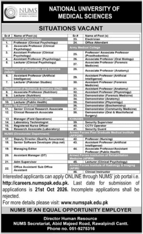 National University of Medical Sciences (NUMS) Jobs 2026 Jobs 2026 — original newspaper advertisement