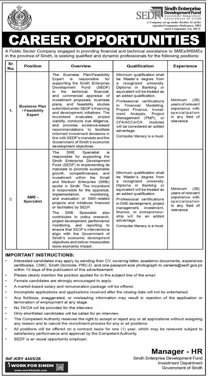Sindh Enterprise Development Fund (SEDF), Investment Department Jobs 2026 – Sindh Enterprise Development Fund (SEDF), Investment Department, Government of Sindh Jobs 2026 — original newspaper advertisement
