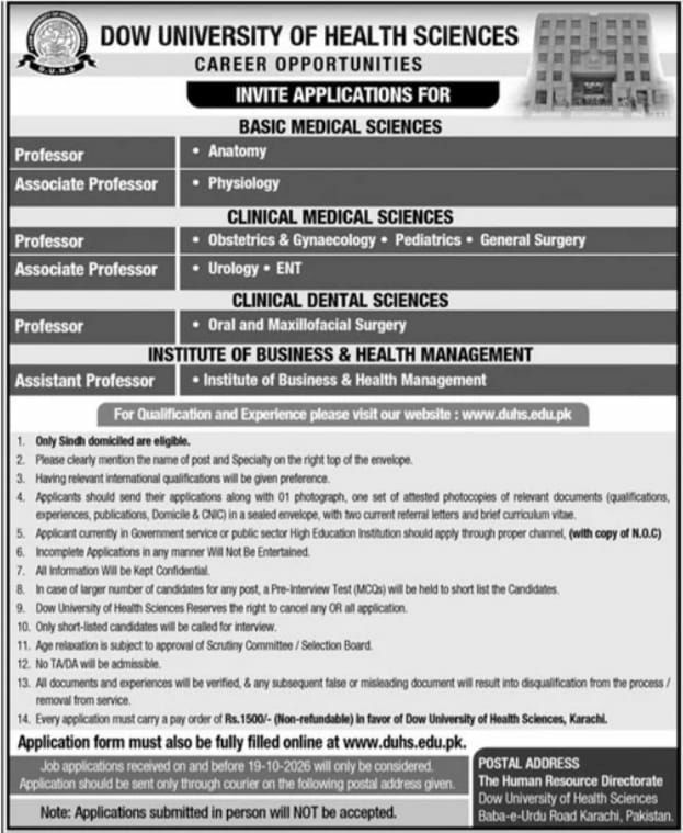 Dow University of Health Sciences Jobs 2026 Jobs 2026 — original newspaper advertisement