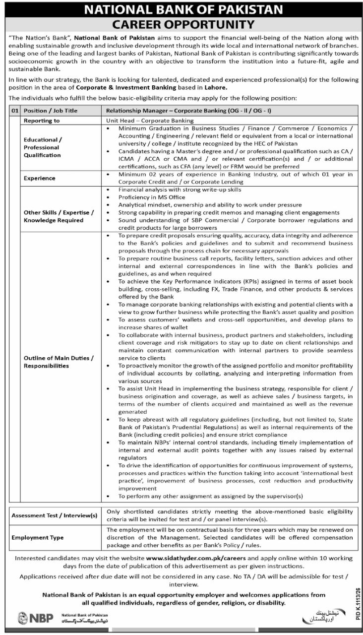 National Bank of Pakistan Lahore Base Jobs 2026 Jobs 2026 — original newspaper advertisement