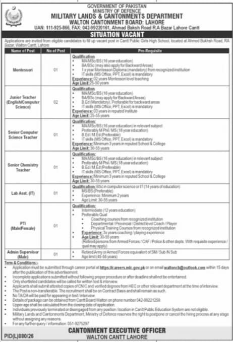Military Lands and Cantonments Department, Walton Cantonment Board, Lahore (Ministry of Defence Jobs 2026 – Military Lands and Cantonments Department, Walton Cantonment Board, Lahore (Ministry of Defence, Government of Pakistan) Jobs 2026 — original newspaper advertisement