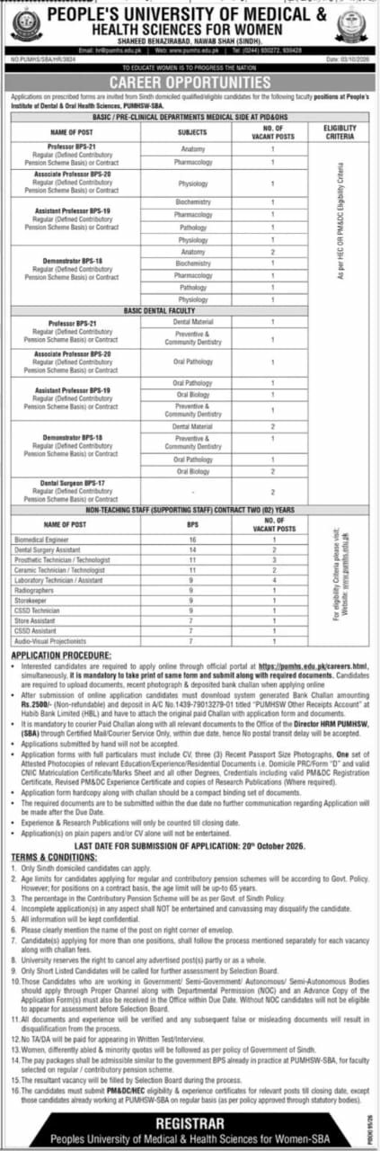 People's University of Medical & Health Sciences for Women (PUMHSW-SBA), Shaheed Benazirabad, Nawab Shah, Sindh Jobs Jobs 2026 — original newspaper advertisement
