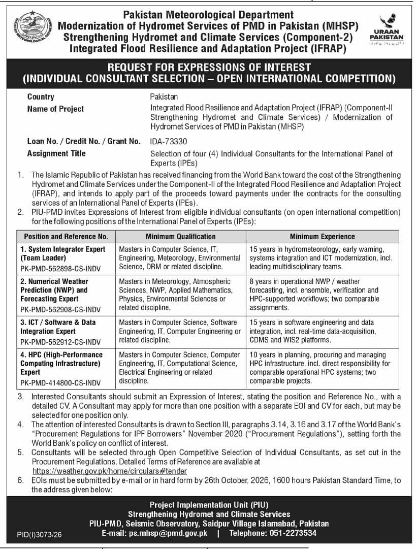 Pakistan Meteorological Department – Project Implementation Unit (PIU), Strengthening Hydromet and Climate Services / Modernization of Hydromet Services of PMD in Pakistan (MHSP) Jobs Jobs 2026 — original newspaper advertisement