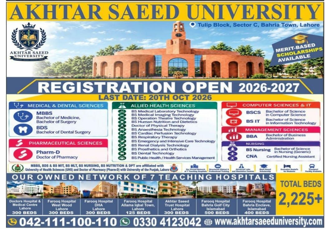 Registration Open in Akhtar Saeed University 2026-2027 Admissions 2026 — original newspaper advertisement