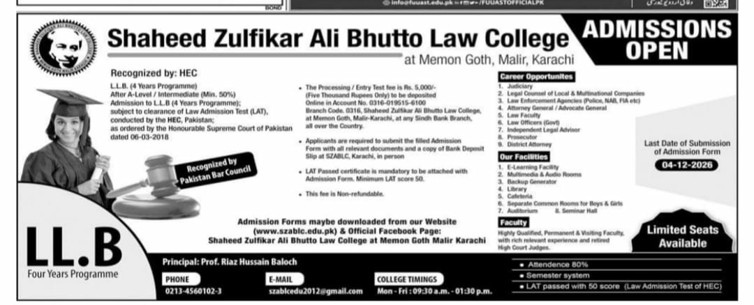 Admissions Open Shaheed Zulfikar Ali Bhutto Law College Admissions 2026 — original newspaper advertisement