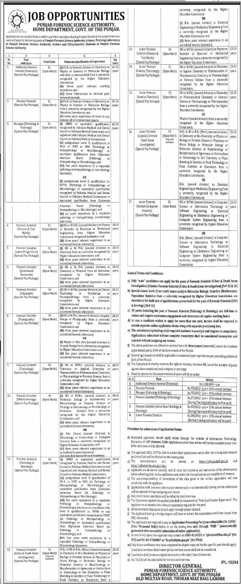 Punjab Forensic Science Authority, Home Department Jobs 2026 – Punjab Forensic Science Authority, Home Department, Government of the Punjab Jobs 2026 — original newspaper advertisement