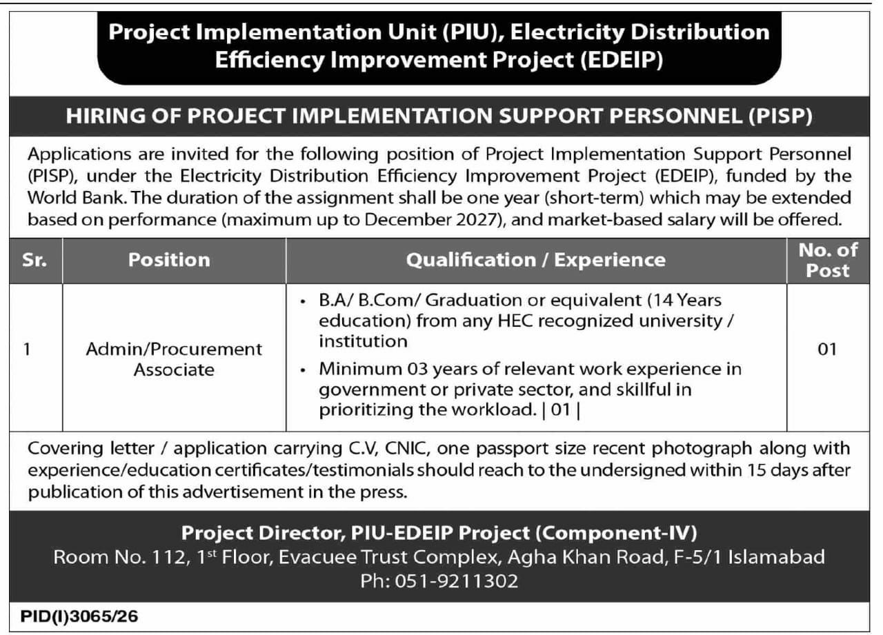 Project Implementation Unit (PIU), Electricity Distribution Efficiency Improvement Project (EDEIP) Jobs Jobs 2026 — original newspaper advertisement