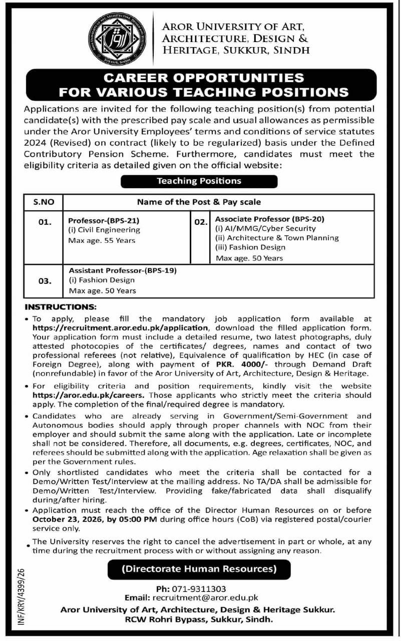 Aror University of Art, Architecture, Design & Heritage, Sukkur, Sindh Jobs 2026 Jobs 2026 — original newspaper advertisement