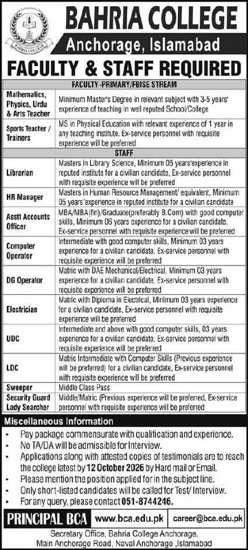 Bahria College Anchorage, Islamabad Jobs 2026 Jobs 2026 — original newspaper advertisement