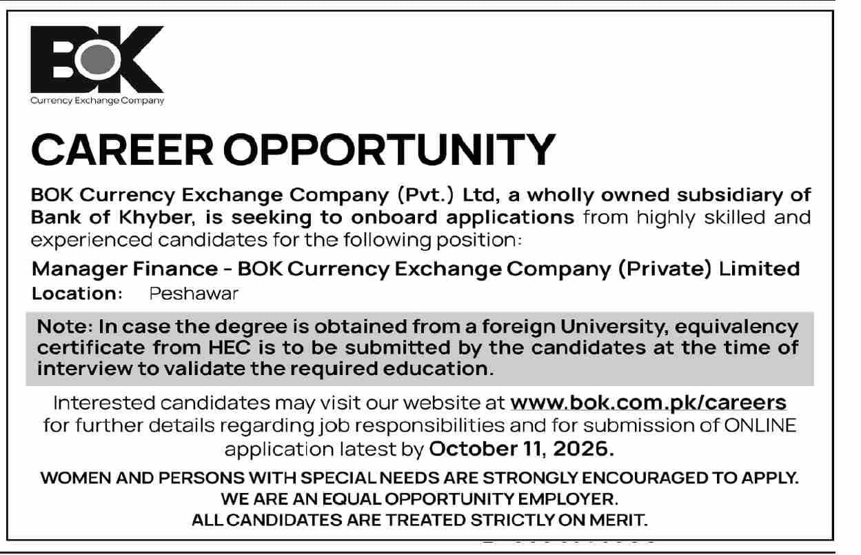 BOK Currency Exchange Company (Pvt.) Ltd - a wholly owned subsidiary of Bank of Khyber Jobs 2026 Jobs 2026 — original newspaper advertisement