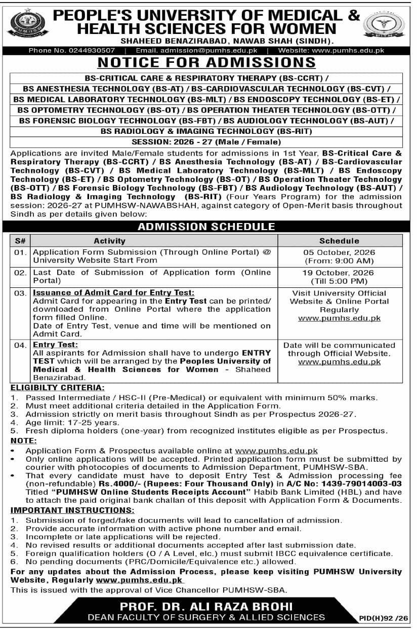 Notice for Admissions People's University of Medical & Health Sciences for Women (PUMHSW) Admissions 2026 — original newspaper advertisement