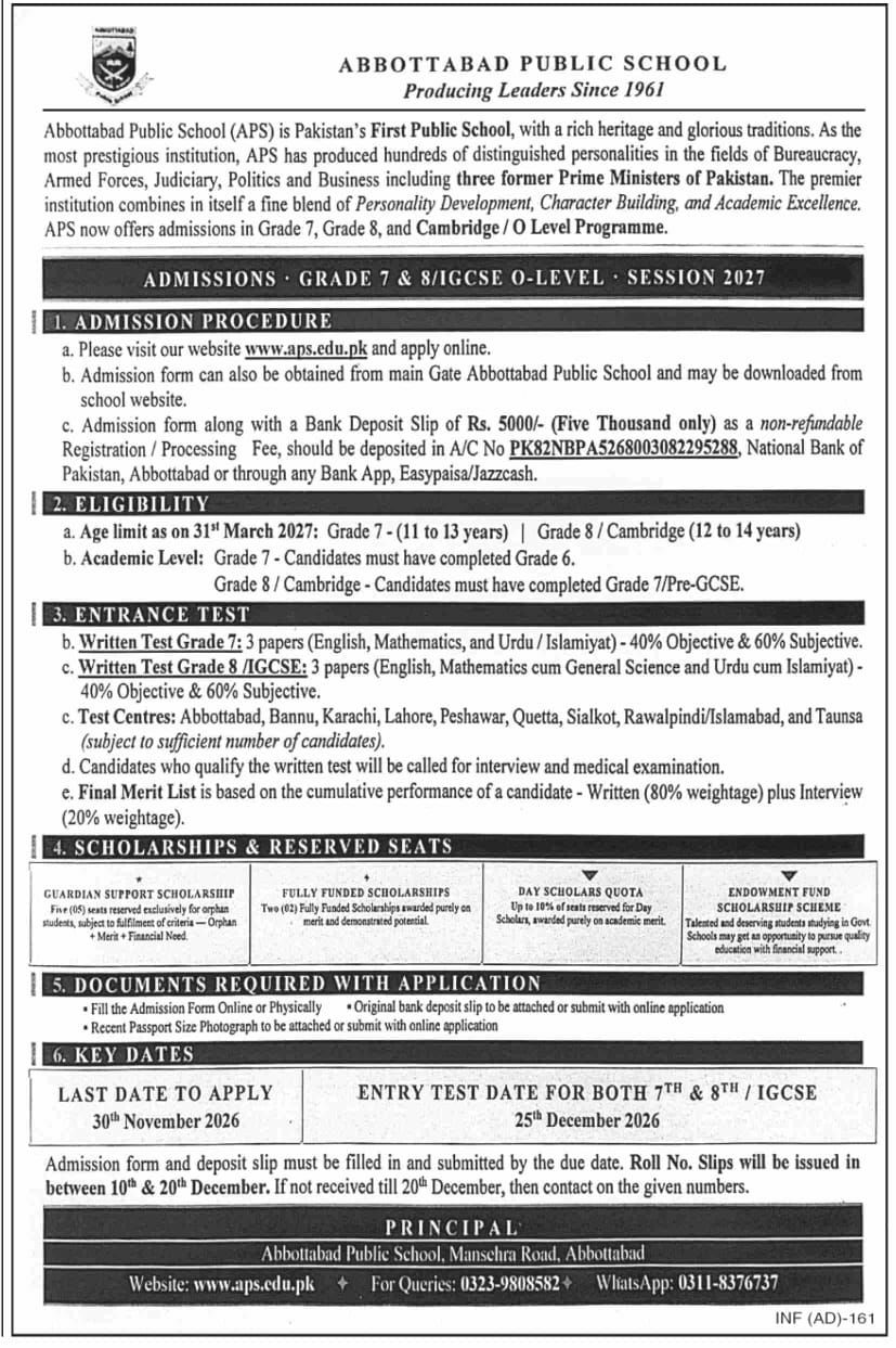 Admissions Open in Abbottabad Public School (APS) 2027 Admissions 2026 — original newspaper advertisement