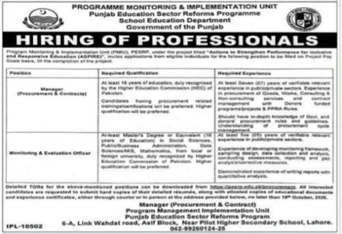 Programme Monitoring & Implementation Unit (PMIU), Punjab Education Sector Reforms Programme, School Education Department Jobs 2026 – Programme Monitoring & Implementation Unit (PMIU), Punjab Education Sector Reforms Programme, School Education Department, Government of the Punjab Jobs 2026 — original newspaper advertisement