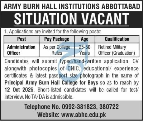 Army Burn Hall Institutions Abbottabad Jobs Jobs 2026 — original newspaper advertisement