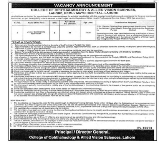 College of Ophthalmology & Allied Vision Sciences, Lahore, KEMU / Mayo Hospital, Lahore Jobs Jobs 2026 — original newspaper advertisement