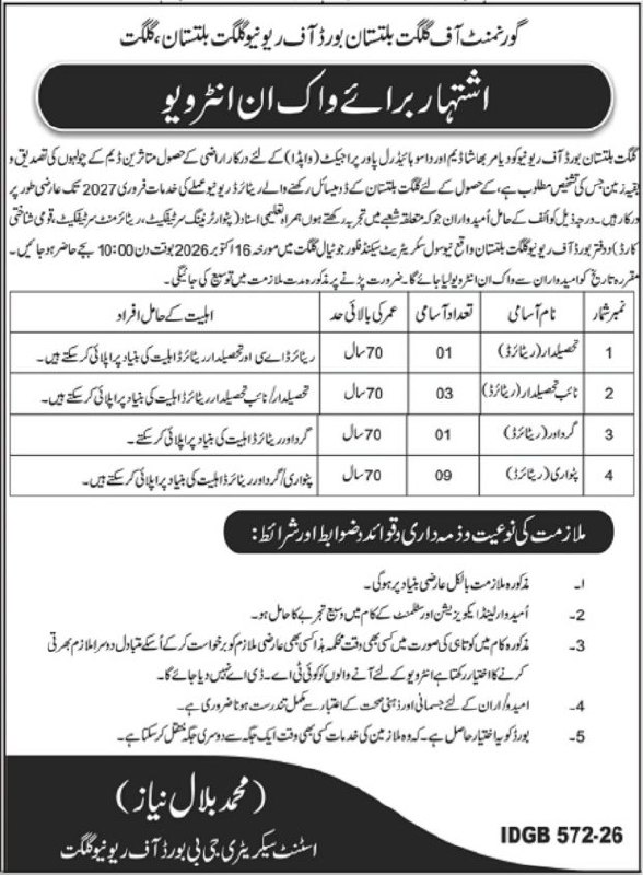 Walk-in Interview Government of Gilgit-Baltistan, Board of Revenue Gilgit-Baltistan, Gilgit Jobs 2026 — original newspaper advertisement