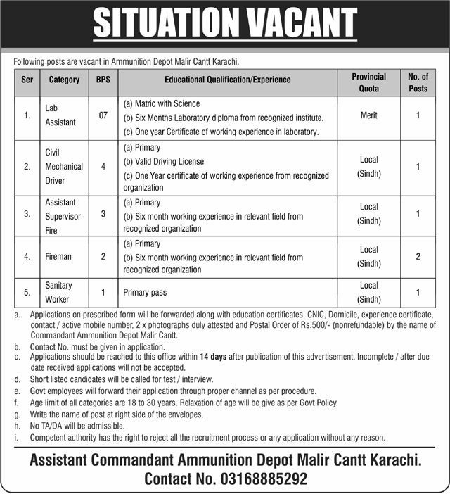 Ammunition Depot Malir Cantt Karachi Jobs 2026 Jobs 2026 — original newspaper advertisement