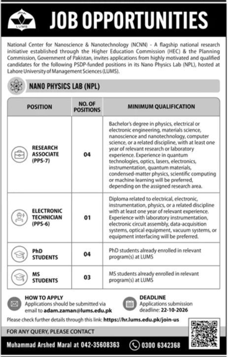 National Center for Nanoscience & Nanotechnology (NCNN), Lahore University of Management Sciences (LUMS) Jobs Jobs 2026 — original newspaper advertisement
