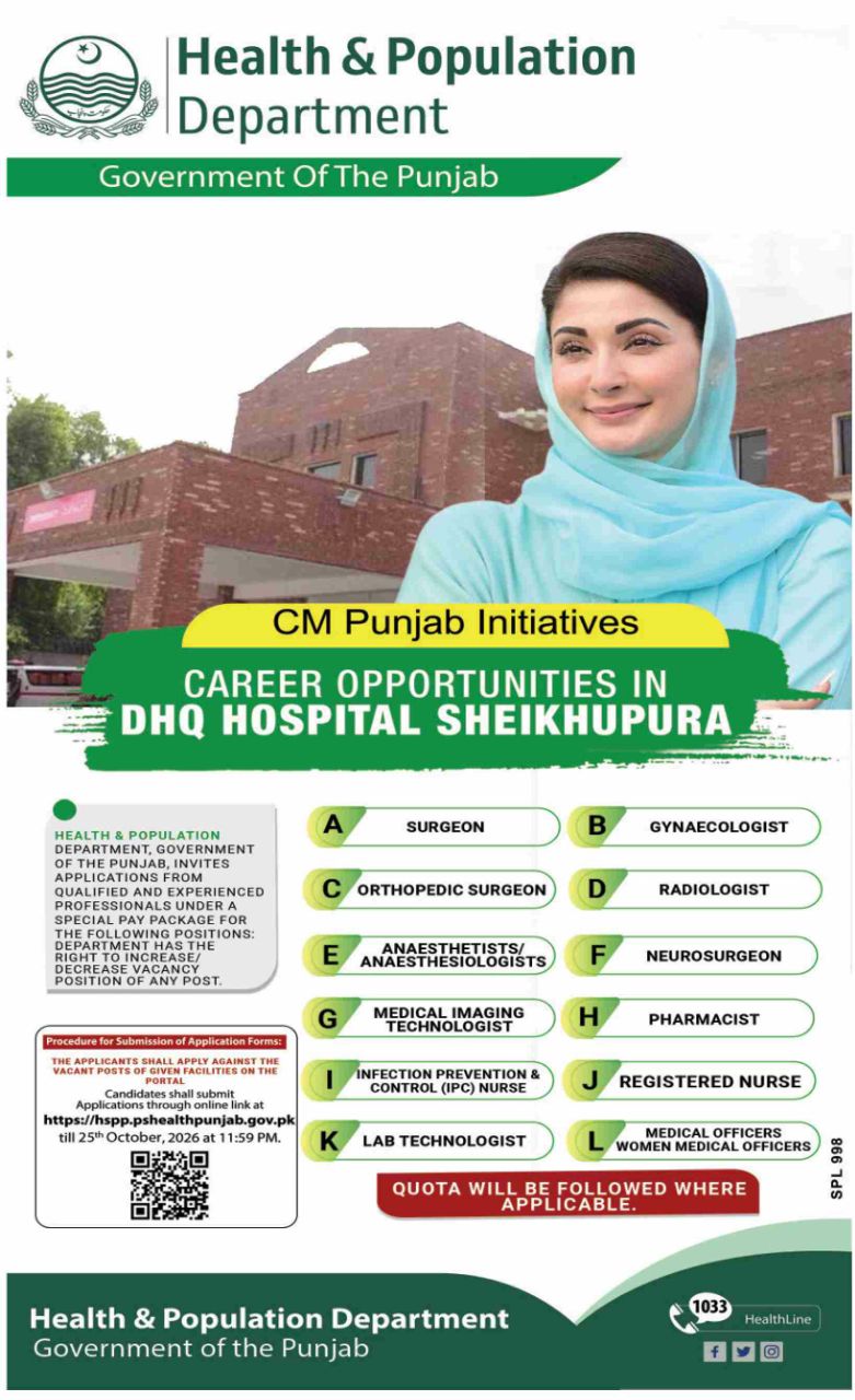 DHQ Hospital Sheikhupura Jobs 2026 – Health & Population Department, Government of the Punjab Jobs 2026 — original newspaper advertisement