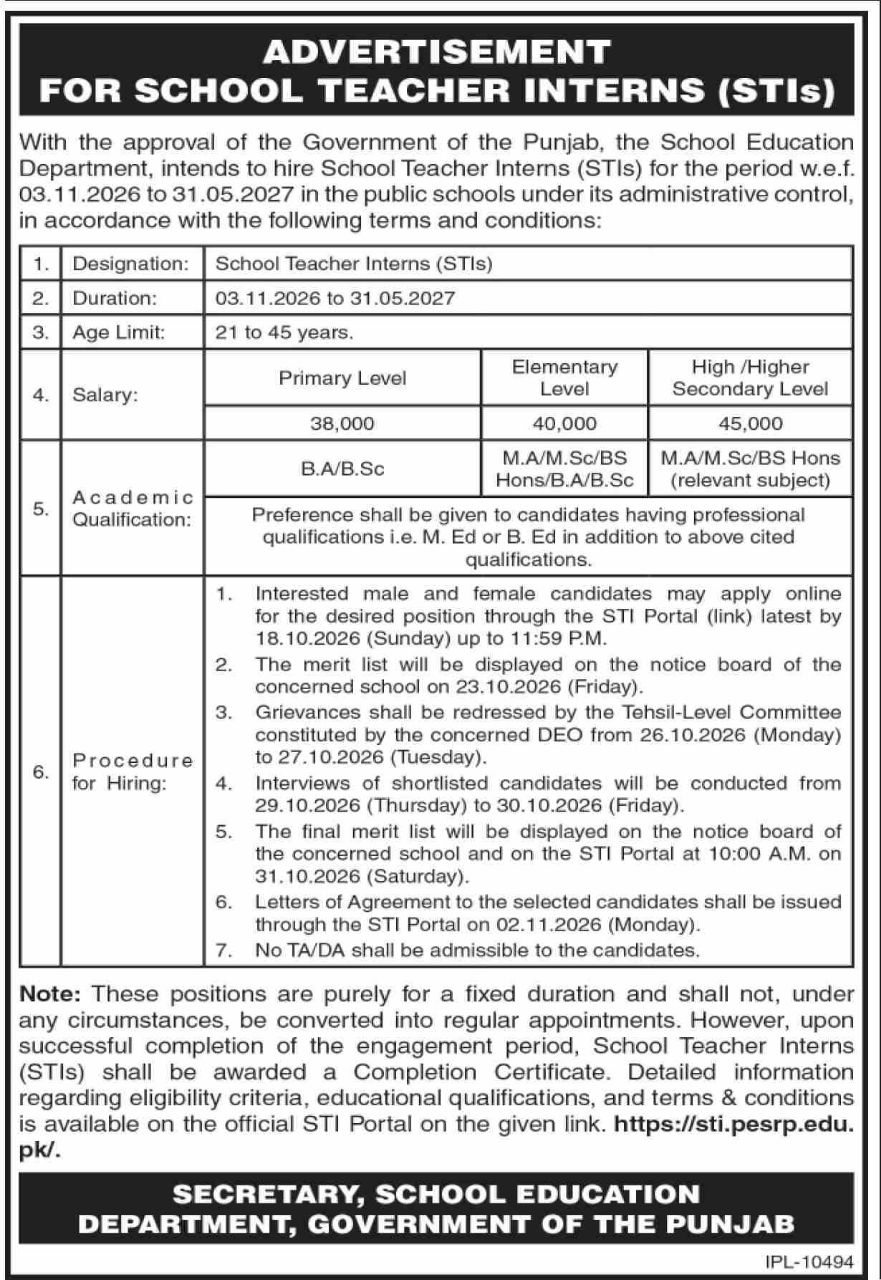 School Education Department Punjab Jobs 2026 – School Education Department, Government of the Punjab Admissions 2026 — original newspaper advertisement