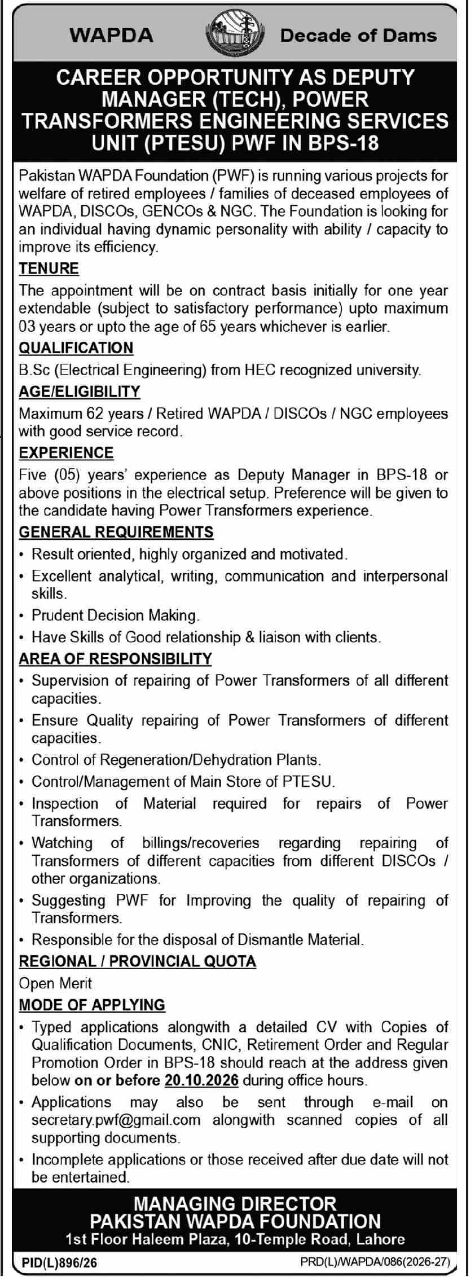 Pakistan WAPDA Foundation (PWF) Jobs 2026 Jobs 2026 — original newspaper advertisement