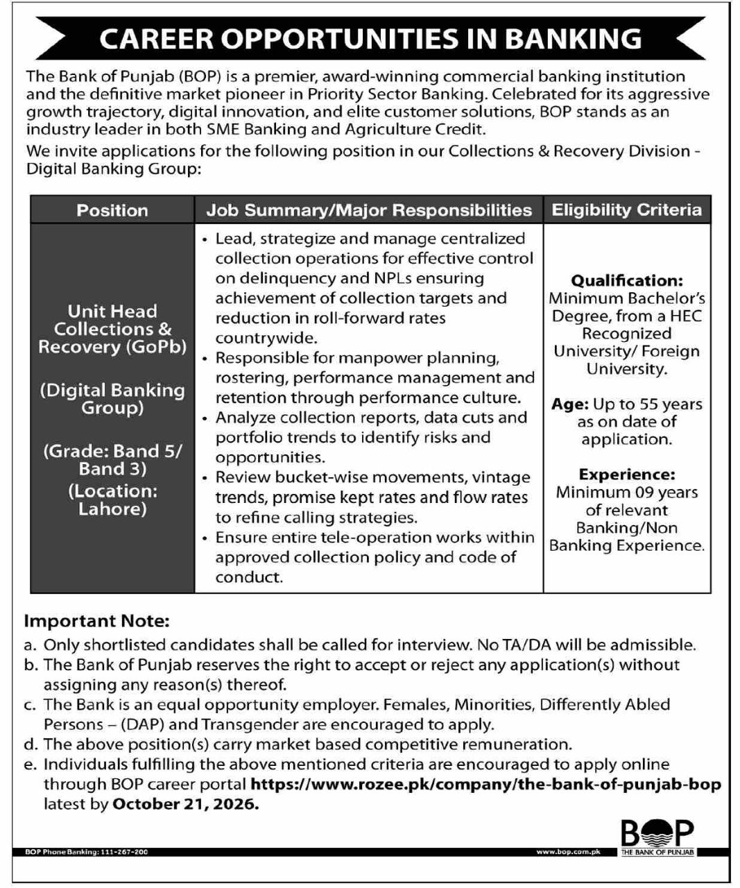 The Bank of Punjab (BOP) Jobs 2026 Jobs 2026 — original newspaper advertisement
